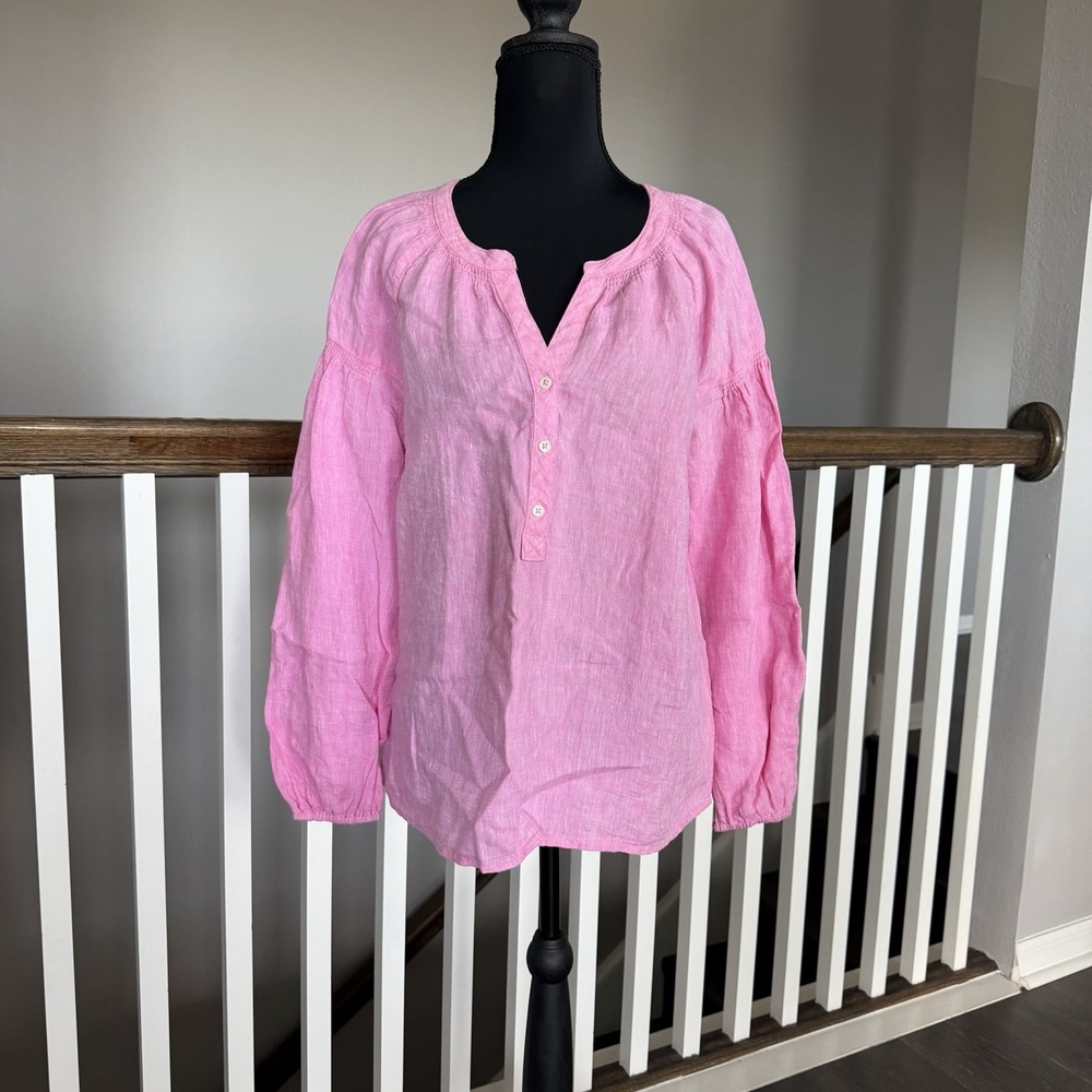 Talbots 100% Linen Henley Long Sleeve  Blouse Top Medium Coastal‎ Preppy Beach